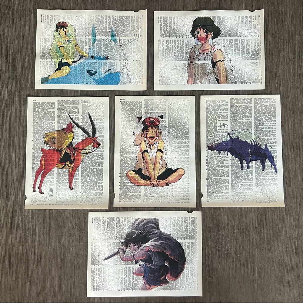 Princess Mononoke Themed Dictionary Prints - Set of 6